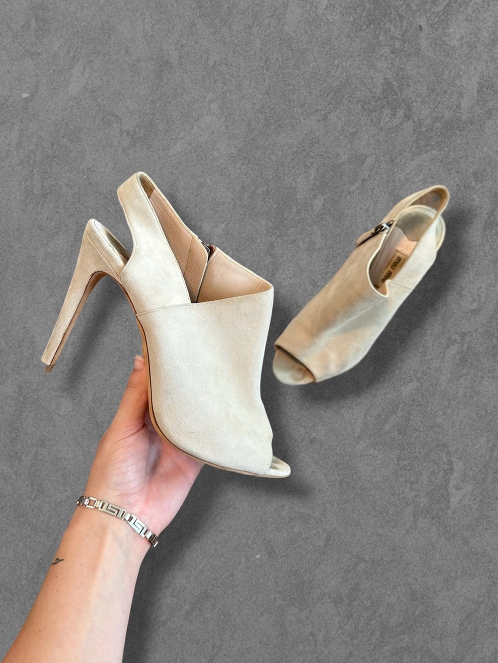 Miu Miu Cream Suede Slingback Peep Toe Heels